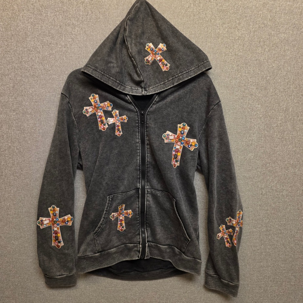 Manfinity Mens S Gray Acid Wash Jewel Cross Full Zip Hoodie Y2K Emo Streetwear